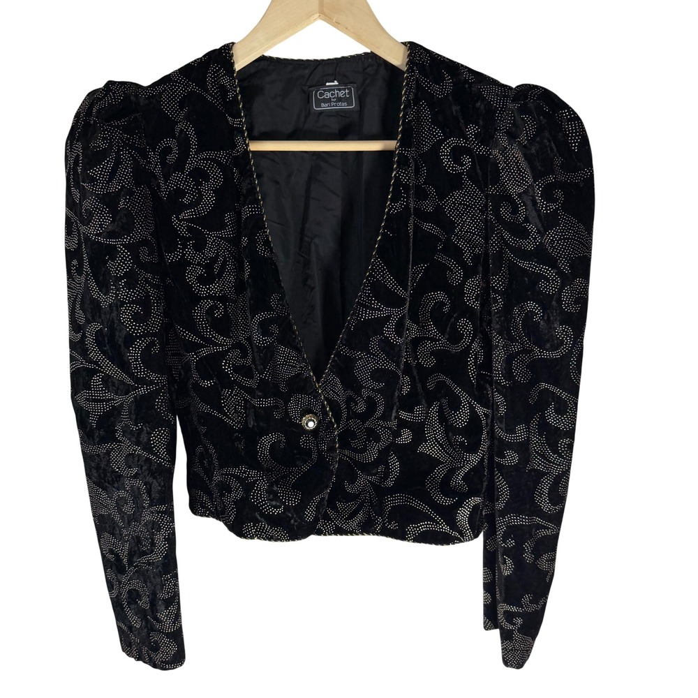 Vintage Cachet Bari Protas Black Velvet Bead Puff Sleeve Bolero Jacket 80s Sz‎ S